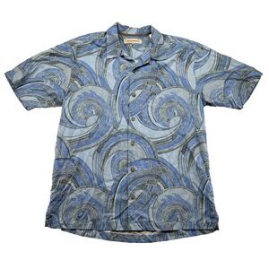 Tommy Bahama M Blue Wave Swirl Hawaiian Shirt Silk Beach Casual Button Front